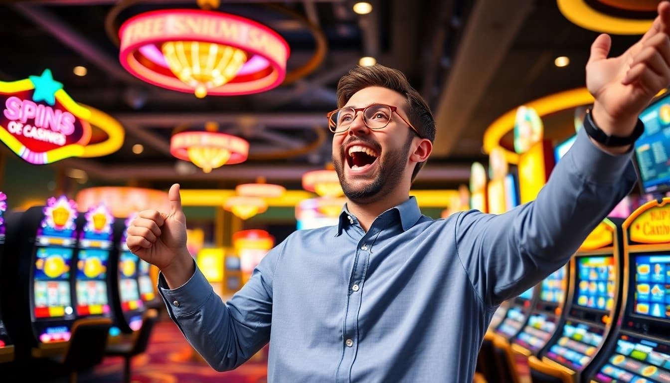 Celebrate winning free spins bonuses in a vibrant casino setting with energetic atmosphere.