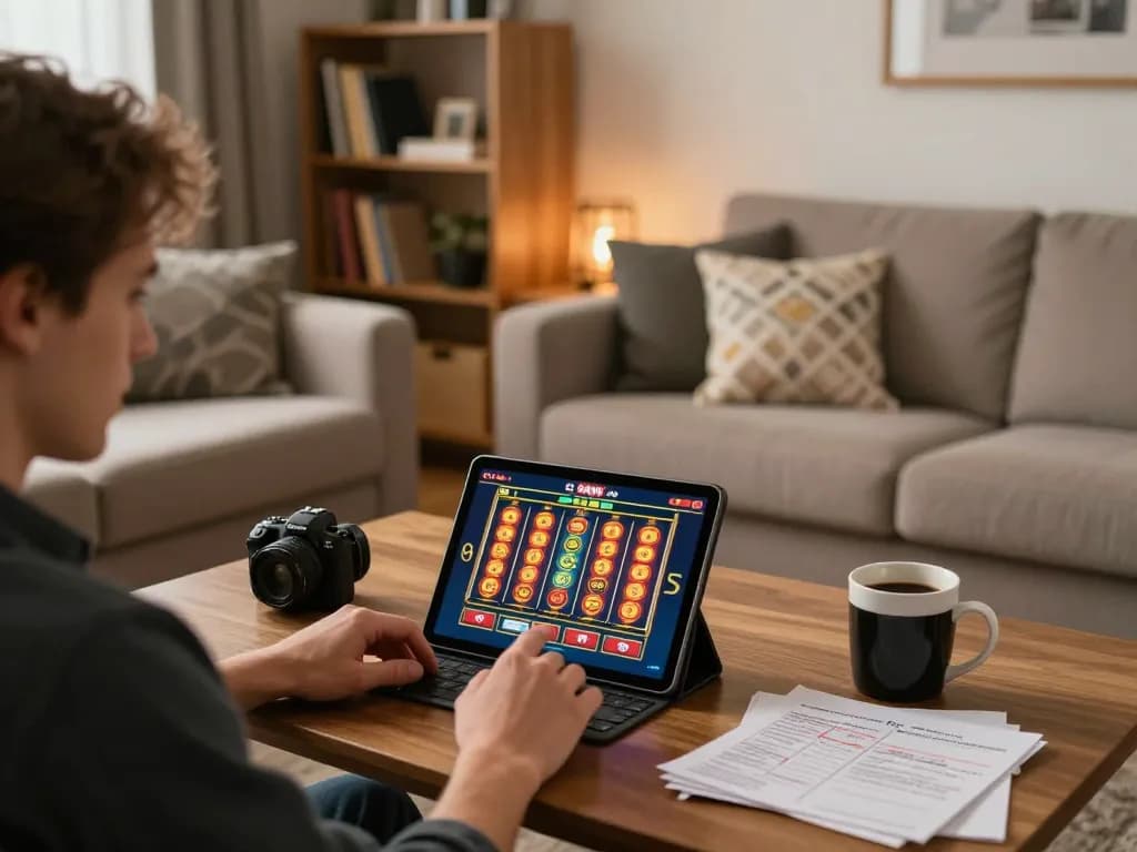 Engaging in online casinos Canada gaming with colorful slot reels on tablet in cozy living room.