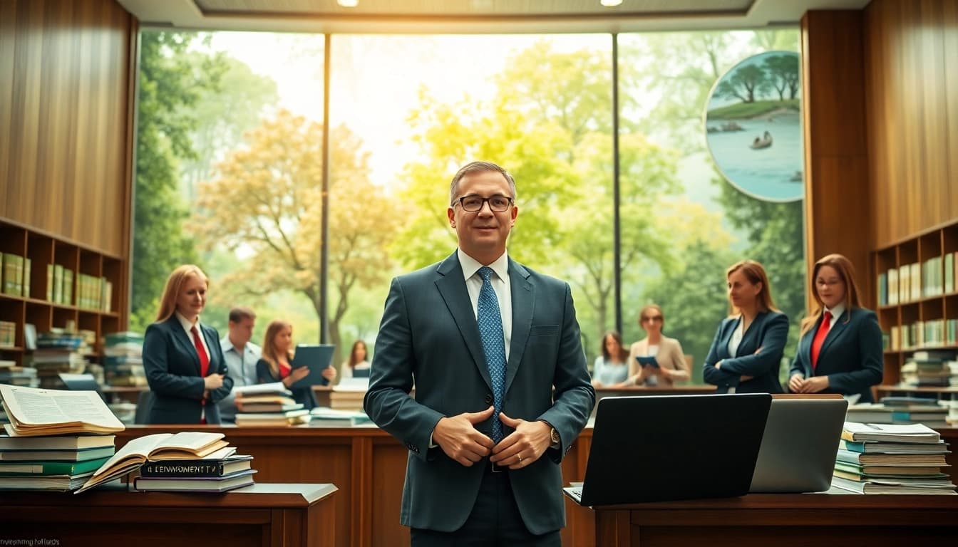 Environmental lawyer engaging with clients in a vibrant courtroom setting with legal documents.