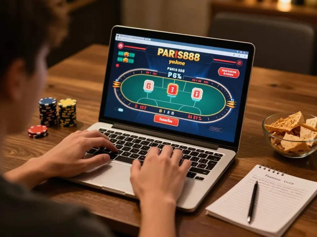 Experience Paris888 online gaming with engaging poker action on a laptop in a cozy, strategic setting.