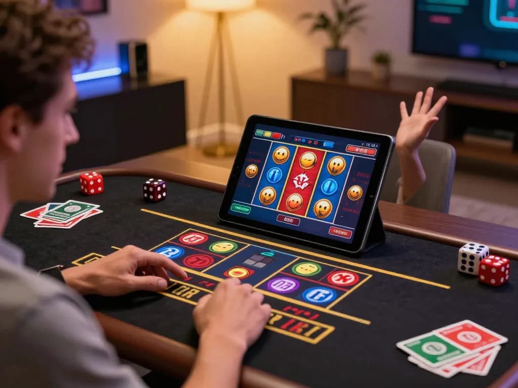 Engaged player enjoying slot gacor hari ini on a tablet, vibrant online gaming atmosphere with betting excitement.