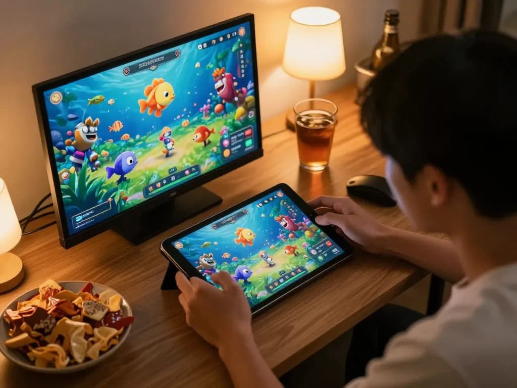 Bắn Cá Hải Vương game being played on a tablet by a focused player in a comfortable home setting