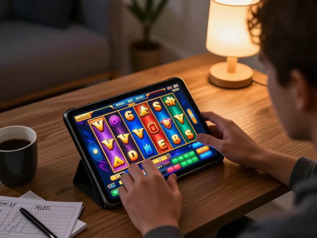 Engaging in judi slot gameplay on a tablet in a cozy home setting, showcasing lively graphics and win potential.