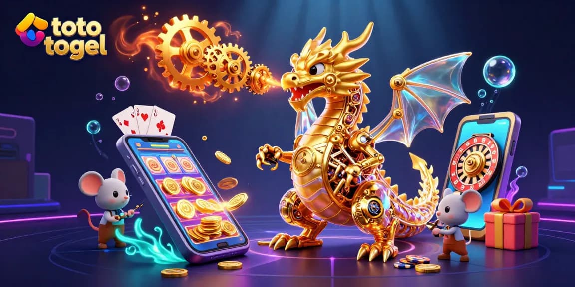 Engage with the exciting world of toto togel through a dynamic scene featuring a golden dragon and colorful slot games.