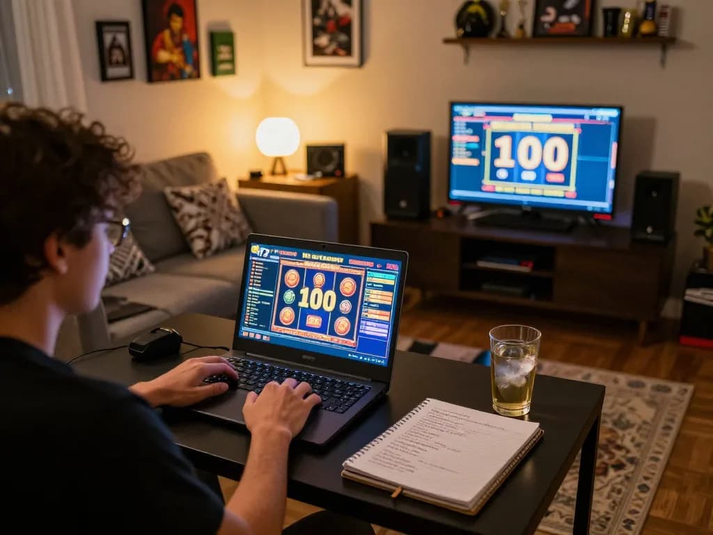 Engaging scene of online gaming featuring slot bonus new member 100 di awal to kecil displayed on laptop, emphasizing exciting gameplay
