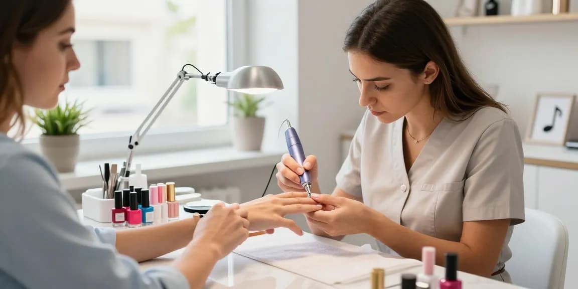 Tehnician profesionist în unghii folosind freza unghii electrică pe manichiura unui client într-un salon luminos.