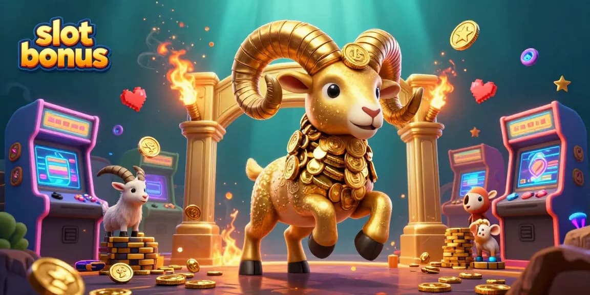 Experience the excitement of slot bonus games with a vibrant casino-themed illustration featuring golden elements and game machines.