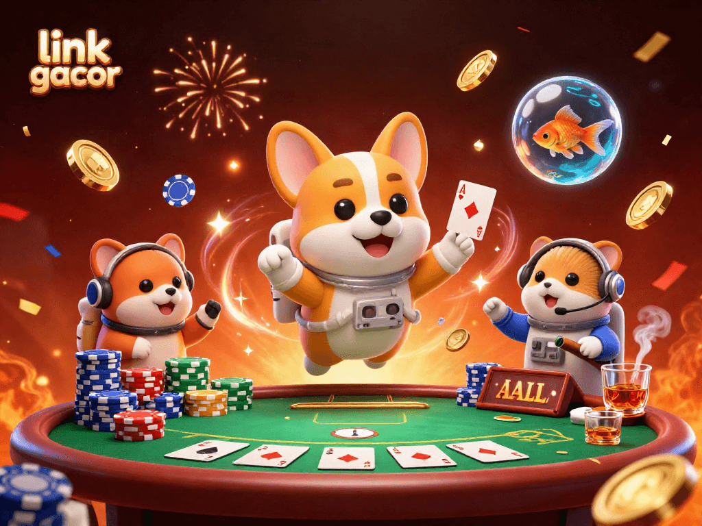 Experience the thrill of link gacor with a lively casino scene featuring a space-themed astronaut corgi and vibrant gaming elements.