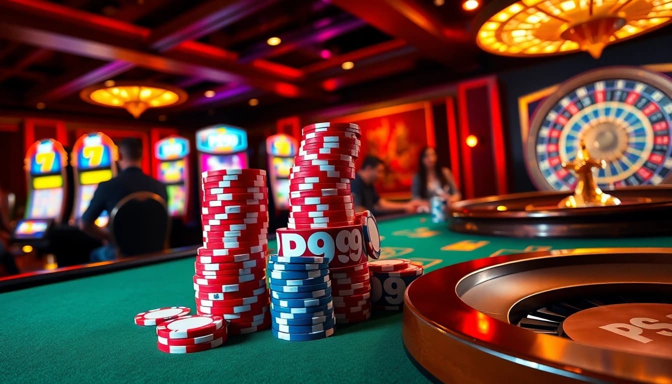 Experience the thrill of betting at PS99's exciting casino table with vibrant chips and slot machines.