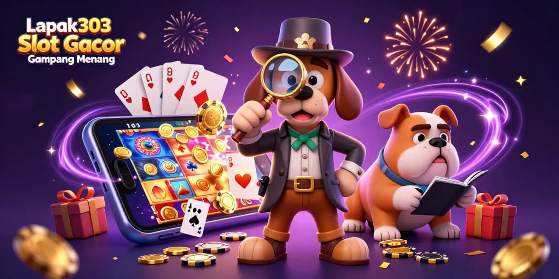 Engage with Lapak303 Slot Gacor Gampang Menang through a thrilling 3D illustration of animated characters amidst vibrant casino elements.