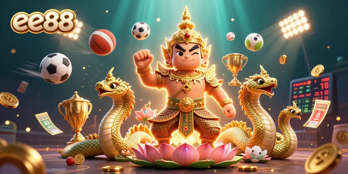 Experience thrilling betting action with ee88, featuring a vibrant 3D illustration of casino games and guardians.