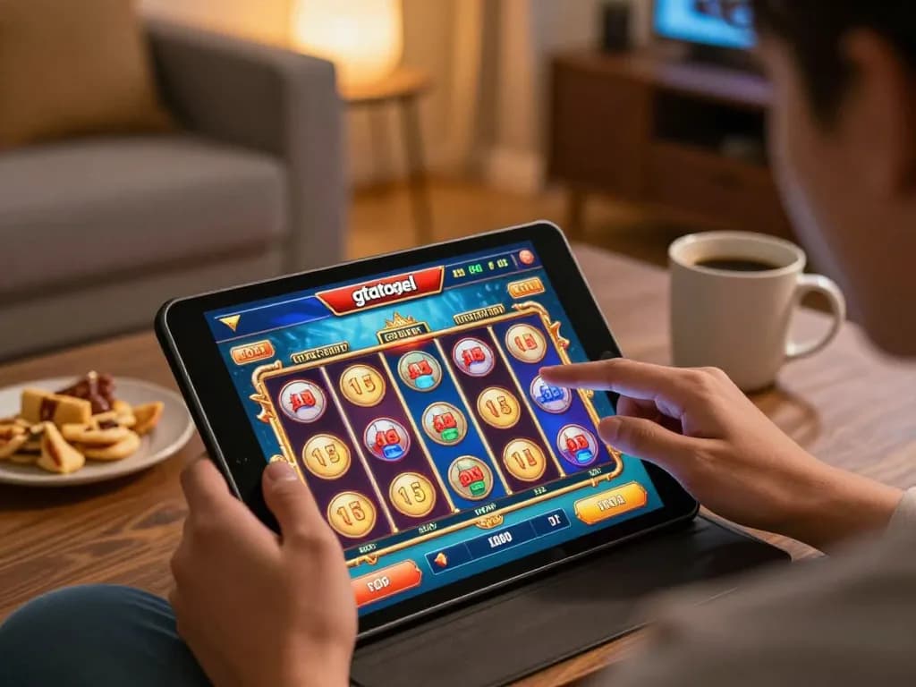 Experience gtatogel action on a cozy living room tablet, showcasing engaging slot games