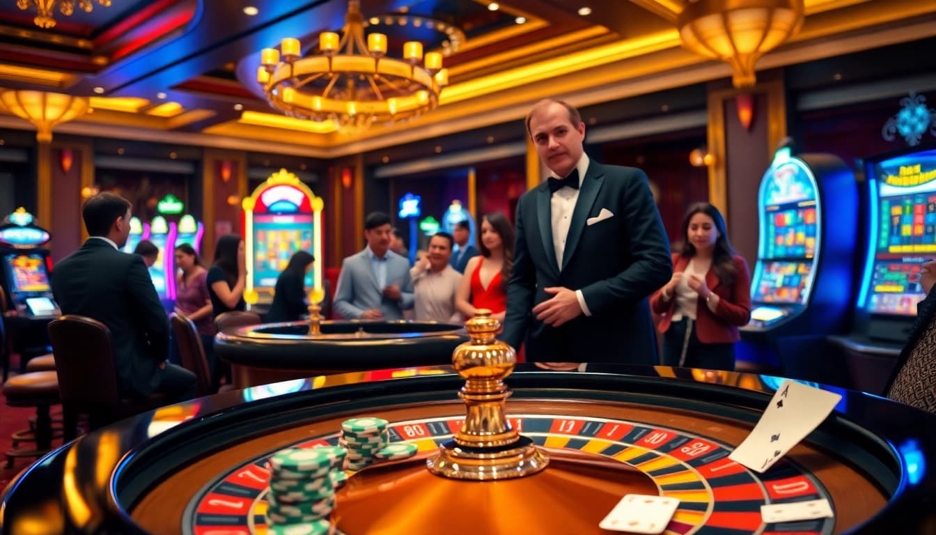 Spectators enjoy games at a lavish casino, showcasing situs deposit 5k slot machines and roulette tables.