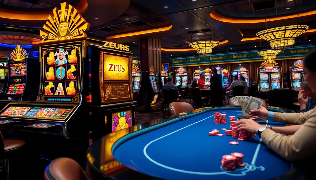 Memutar mesin slot Zeus di tengah atmosfer kasino yang hidup penuh semangat.