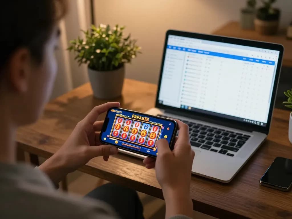 Player engaged in slot gaming on FAFA828 mobile app, showcasing strategic approach in a cozy home setting.