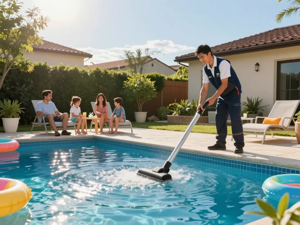 Dolphin Pool Services technician performing pool cleaning for a family in a bright, inviting backyard setting.
