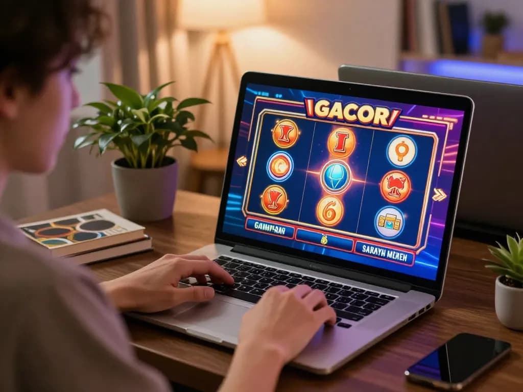 Play slot gacor gampang menang on a laptop in a cozy home environment.