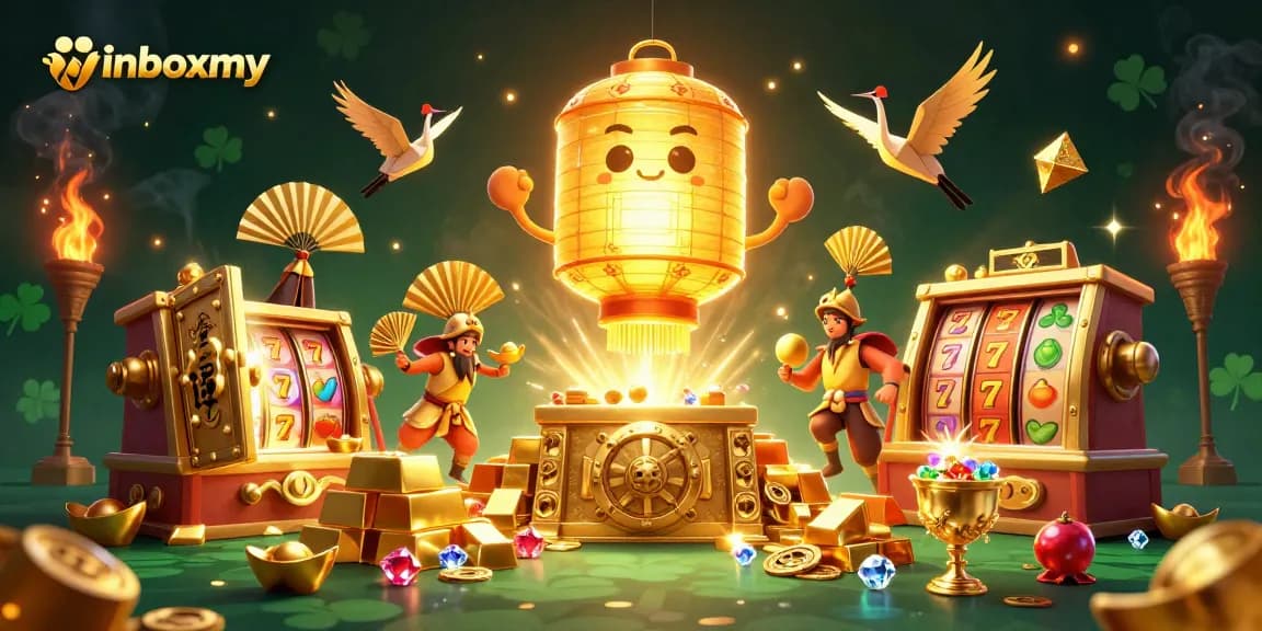 Experience the vibrant excitement of winboxmy with golden symbols, slot reels, and fortune elements in a casino scene.