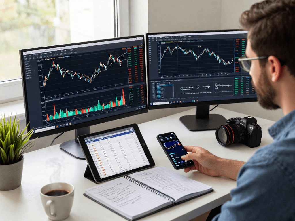 Trader analyzing MetaTrader 5 with multiple screens and economic calendar in a modern workspace