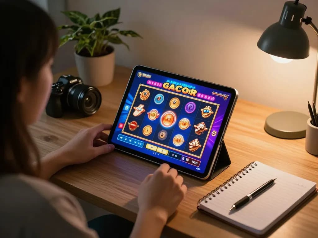 Player engaging in slot gacor gameplay on a tablet in a modern home office environment with strategy notes.