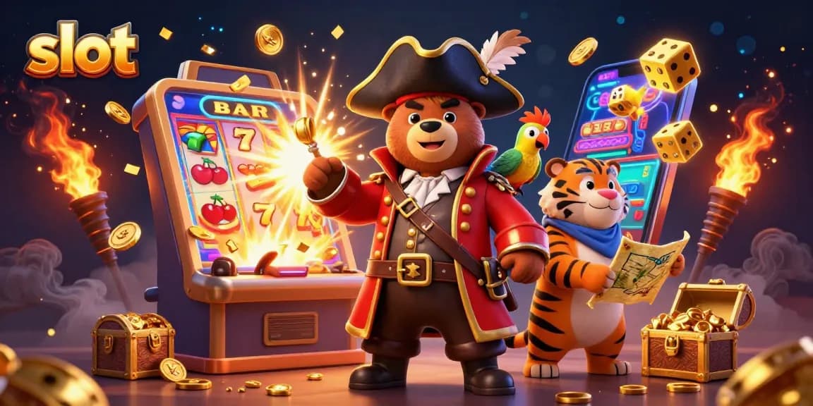 Spin exciting slot reels with the dynamic pirate crew in this vibrant casino scene.