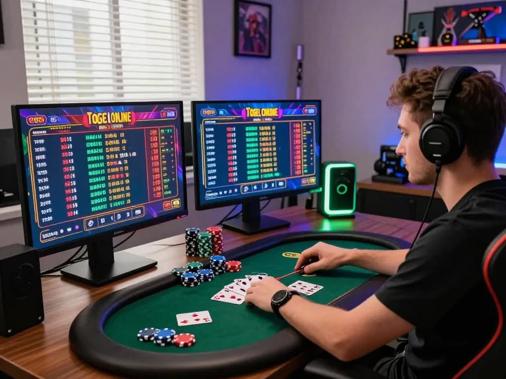 Engaged player analyzing numbers in Togel Online gaming environment, vibrant digital atmosphere.