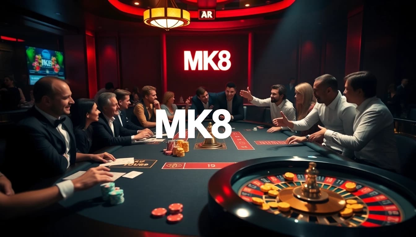 Players engaging in high-stakes poker at an elegant MK8 casino table, radiating excitement and luxury.