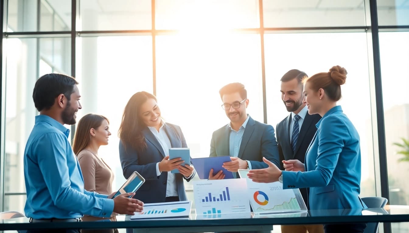 Analyze competitive intelligence strategies with a team in a modern, collaborative setting.