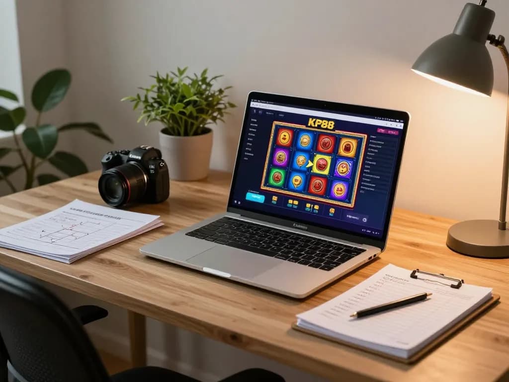 Engaging online gaming on KP88 platform with modern laptop, emphasizing strategic gambling at home.