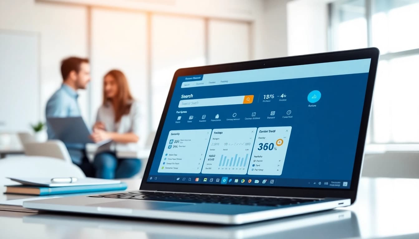 Showcase of enterprise search tools on a laptop screen highlighting advanced search features.
