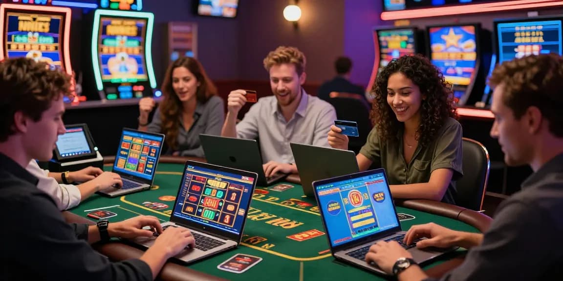 Players enjoying games at vibrant online casinos that accept credit cards, showcasing interactive gaming, colorful screens, and lively atmosphere.