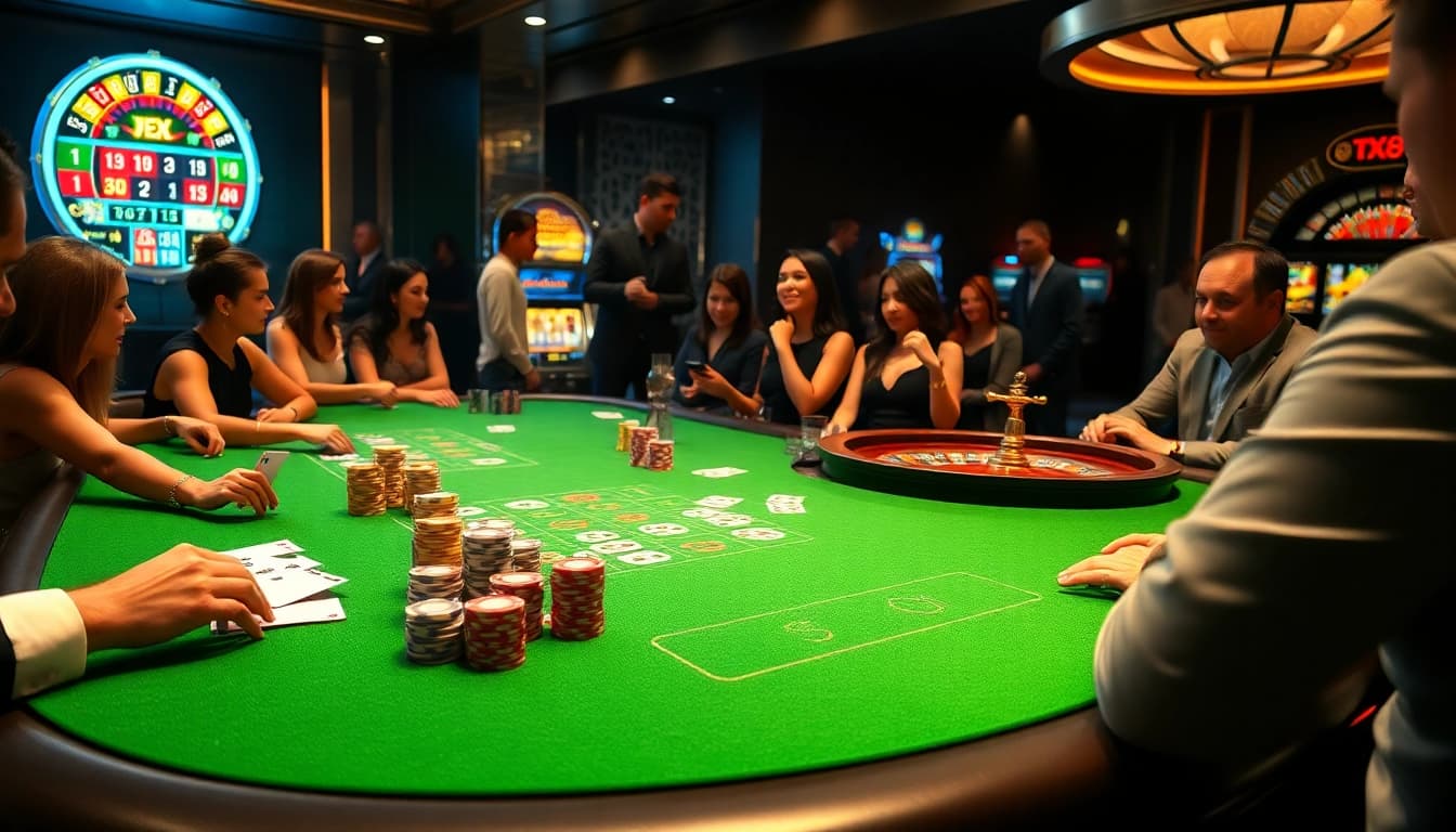 Engaging casino ambiance featuring thrilling gameplay with Link TK88 elements, enticing players at a poker table.