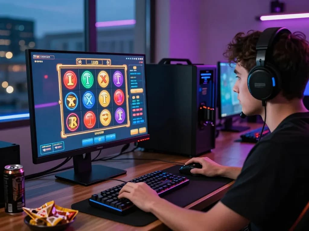Pemain yang terlibat menikmati permainan situs slot di pengaturan permainan yang cerah dengan gulungan berwarna-warni.