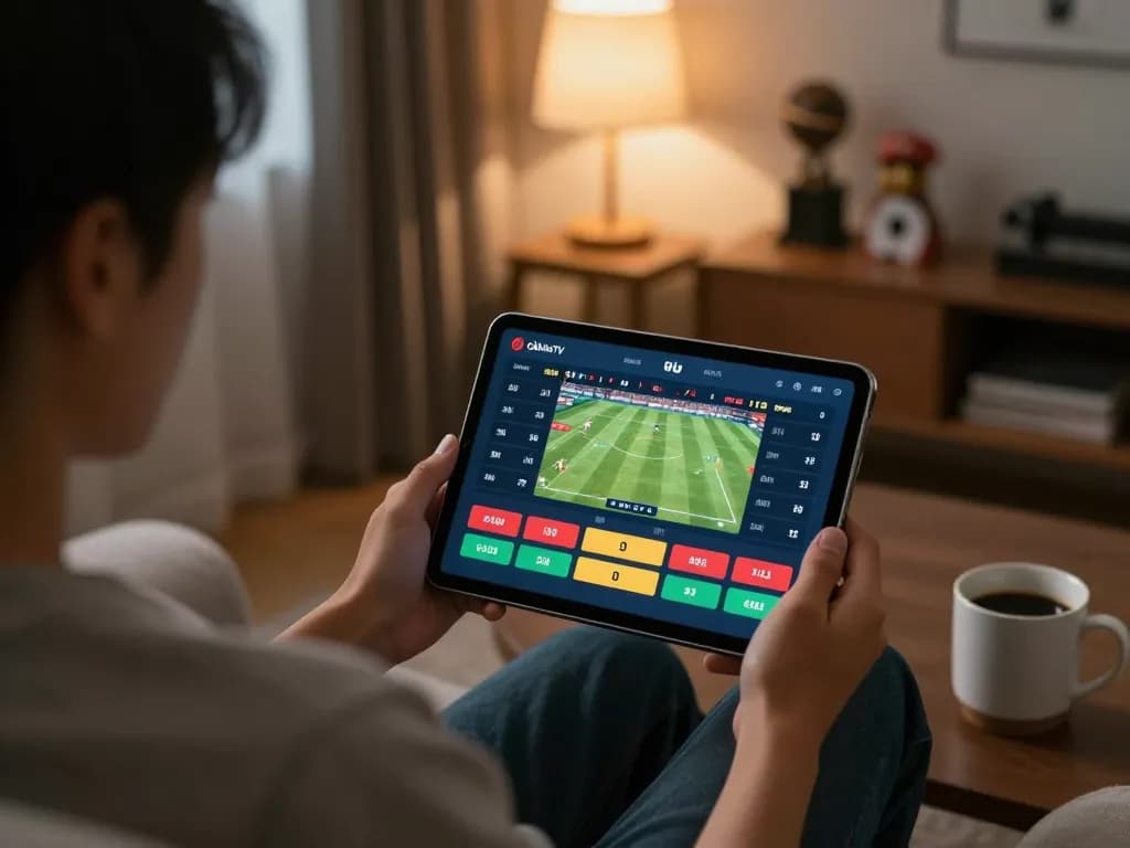 CàkhịaTV user engages in sports betting on tablet in cozy home setting, showcasing live odds and match interface.