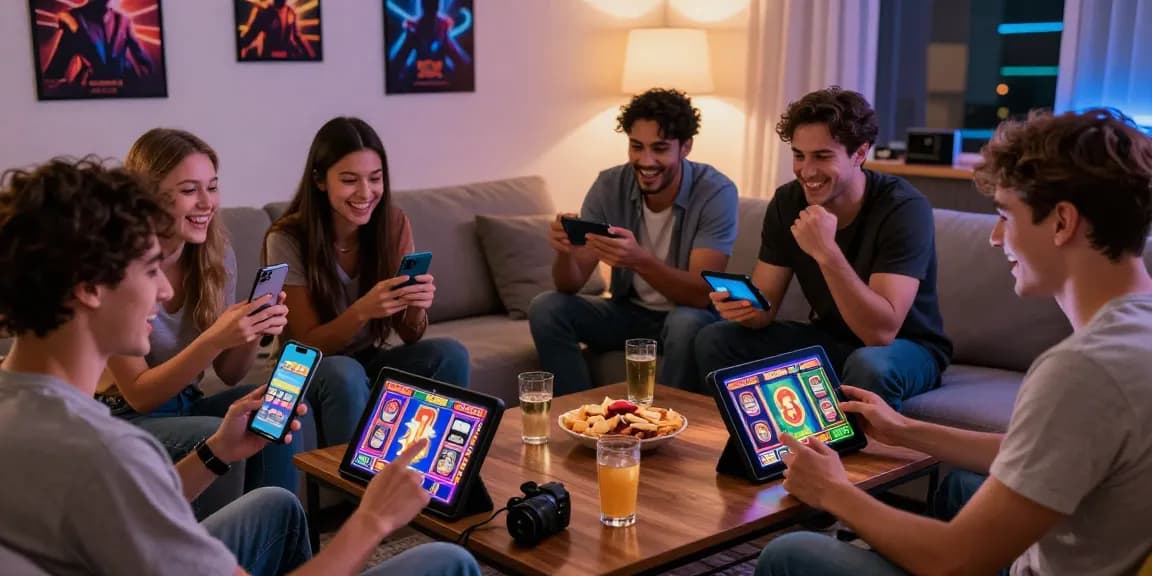 Friends enjoying an online slot game night with vibrant screens and exciting graphics.