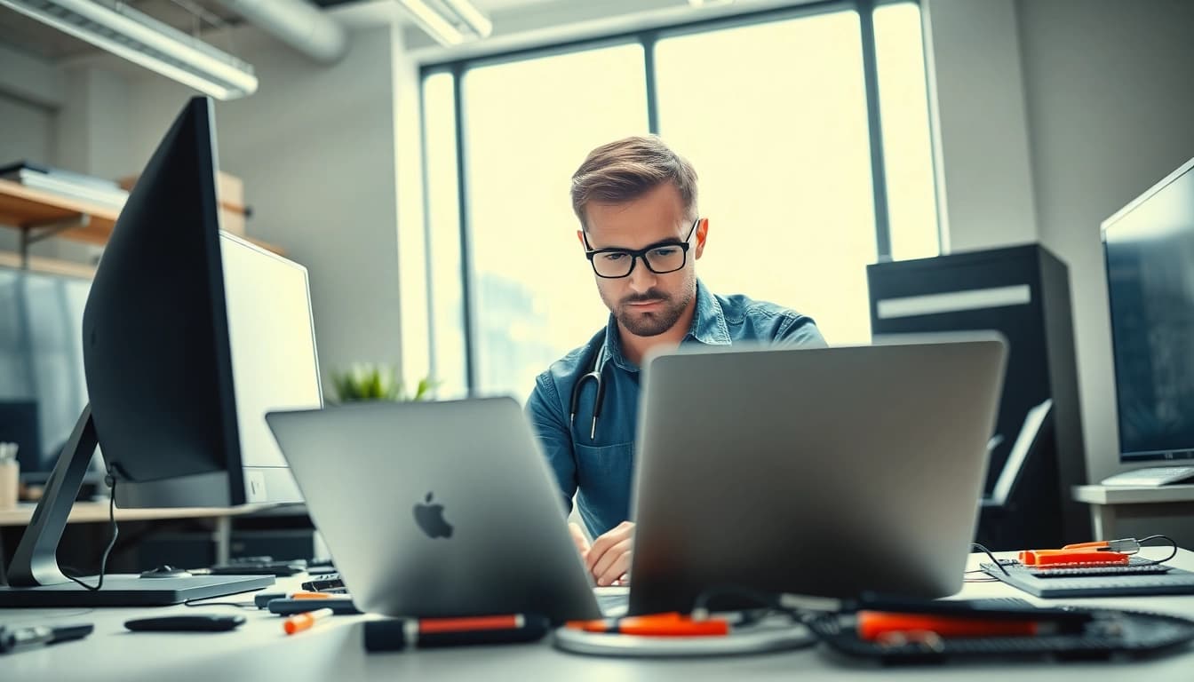 Delivering expert computer services in a modern office environment featuring a technician at work.