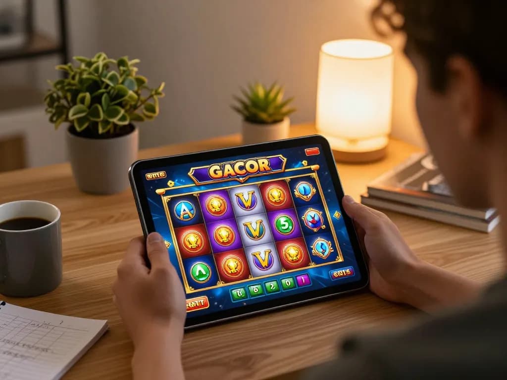 Engaging in slot gacor gampang menang gameplay on a tablet, highlighting online casino experience.