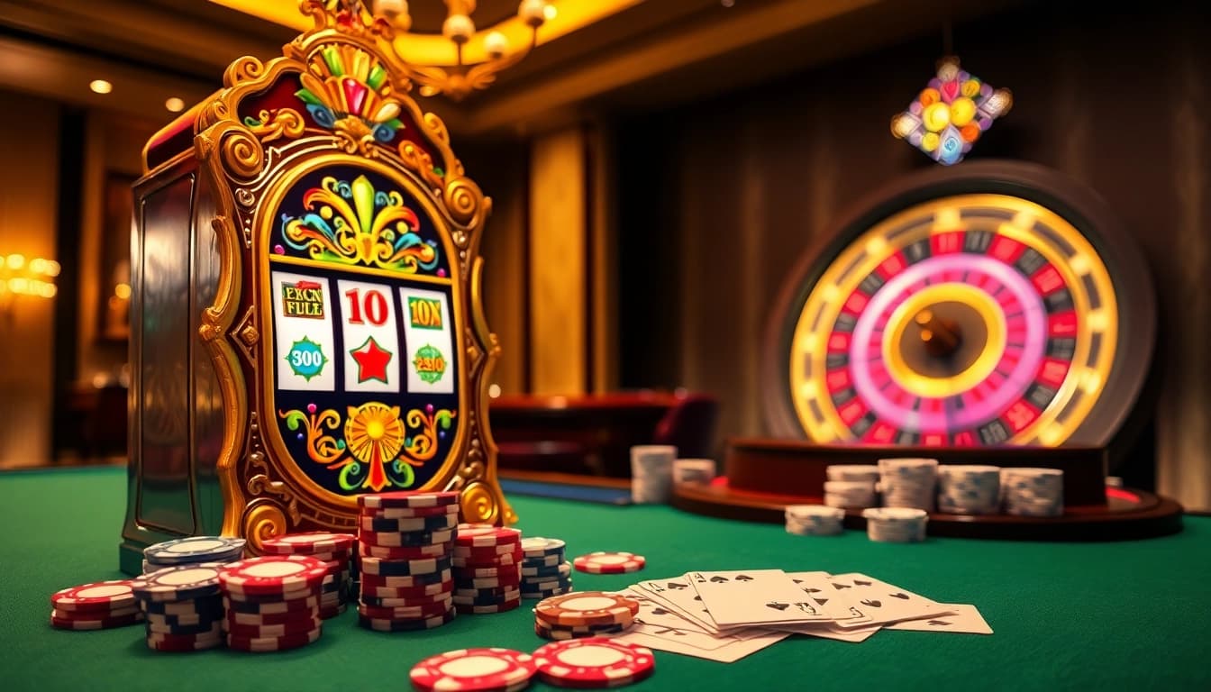 Putar mesin slot depo pulsa yang berwarna-warni di tengah suasana kasino mewah dengan chip poker dan kartu.