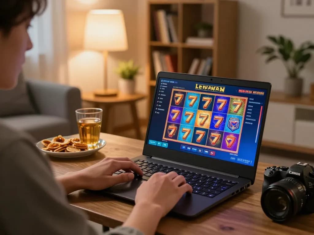 Engaging gameplay on link slot777 while enjoying a cozy home setup with snacks and drinks.