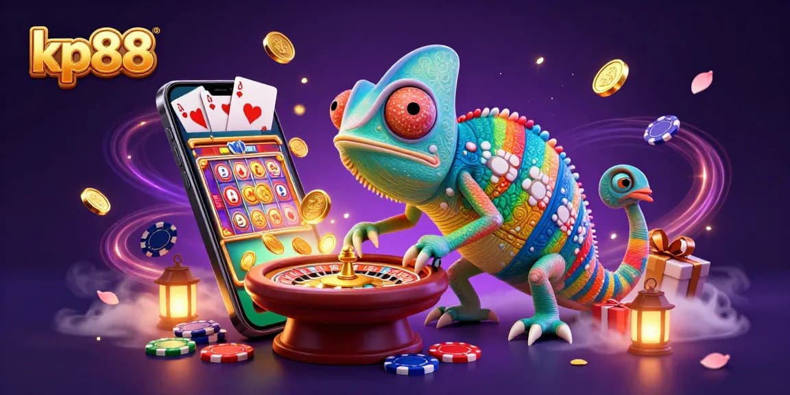 Engage with kp88 for thrilling casino action featuring a chameleon as the colorful owner amidst golden coins, slots, and poker glory.