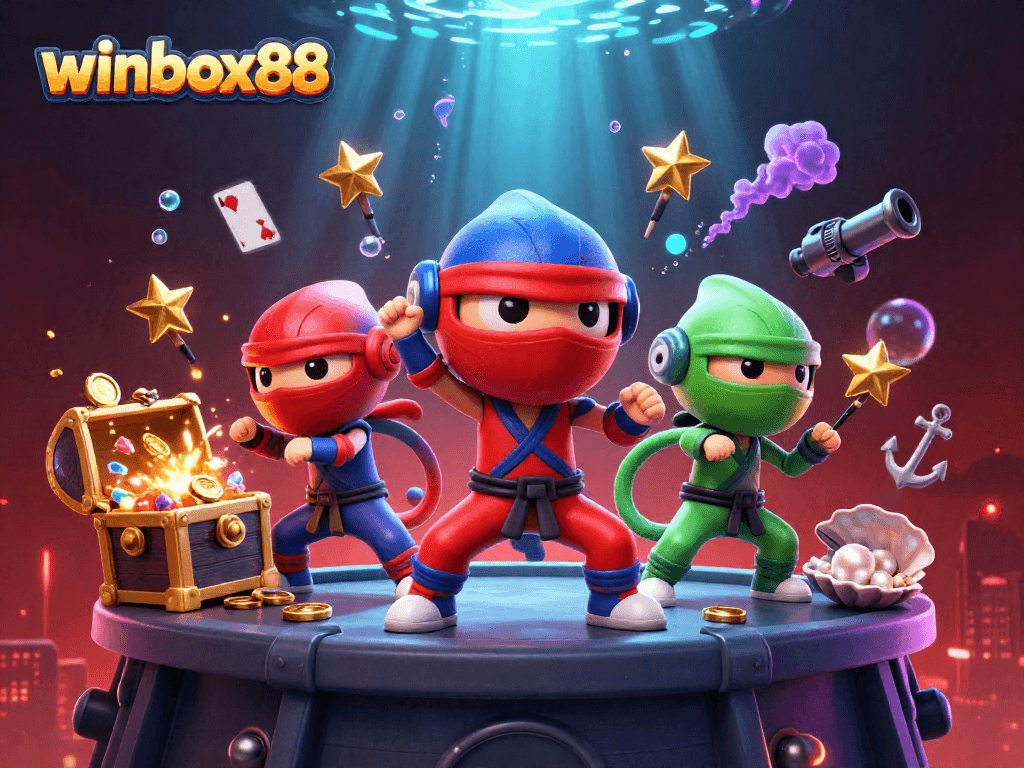 Winbox88 ninja chameleon team showcasing synchronized martial arts poses amid vibrant casino elements.