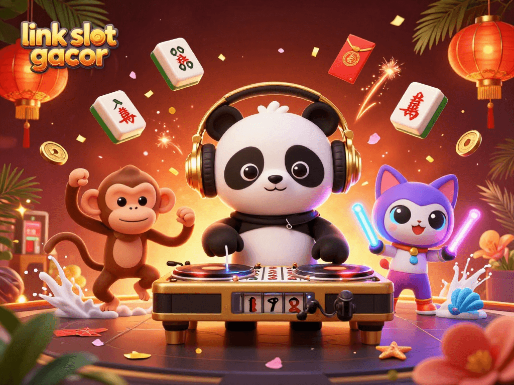 Engage with link slot gacor games in a vibrant animated casino scene featuring playful characters.