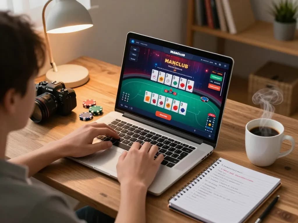 Engaging poker gameplay on MANCLUB's platform displayed on a laptop with strategic notes nearby.
