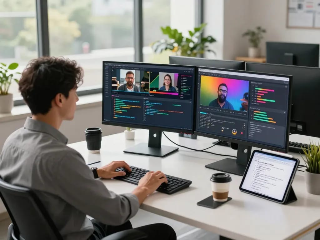 AI developer creating video to prompt ai analysis in a modern workspace.
