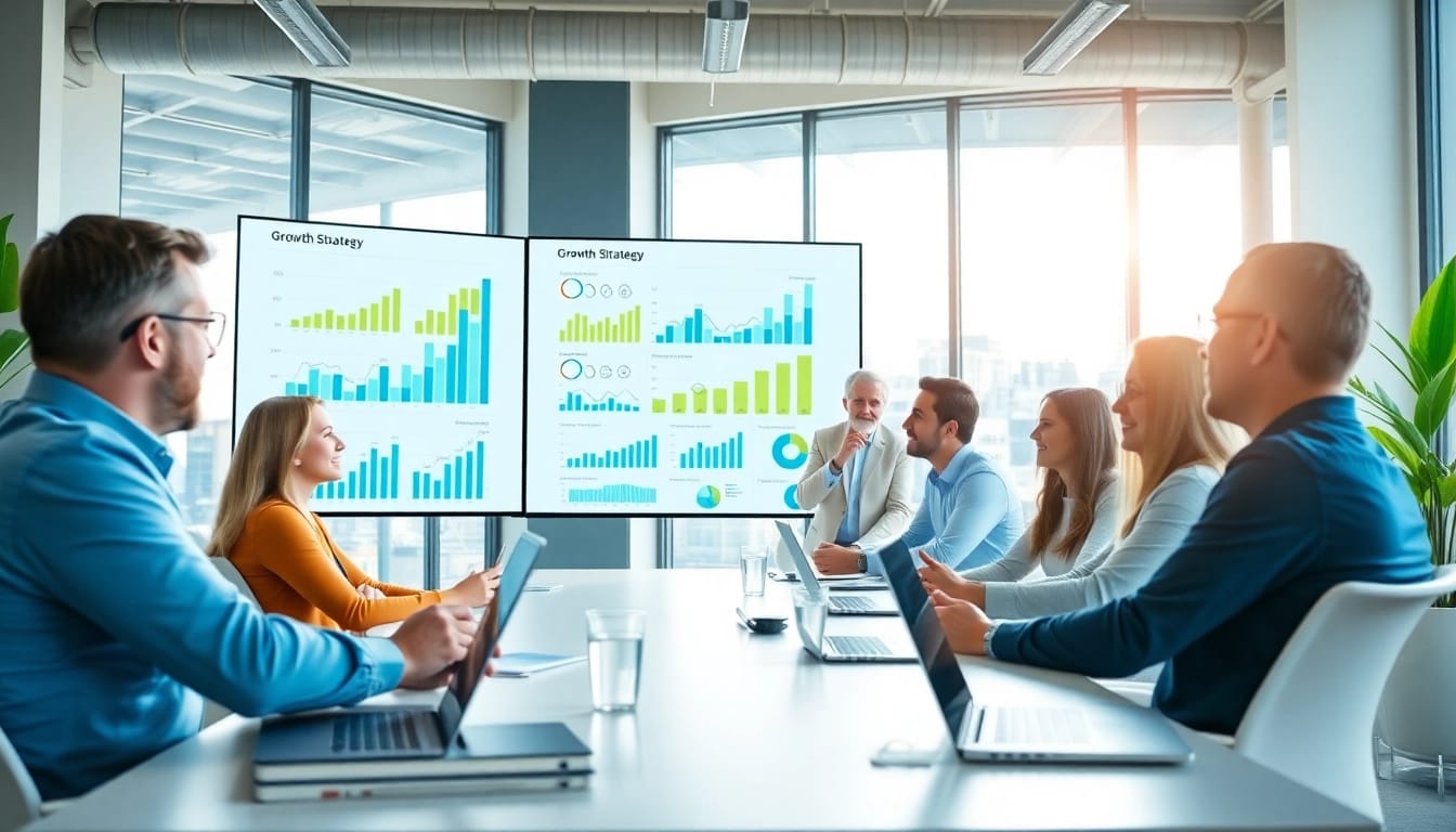 Analyze growth strategy trends during a professional business meeting in a modern office setup.