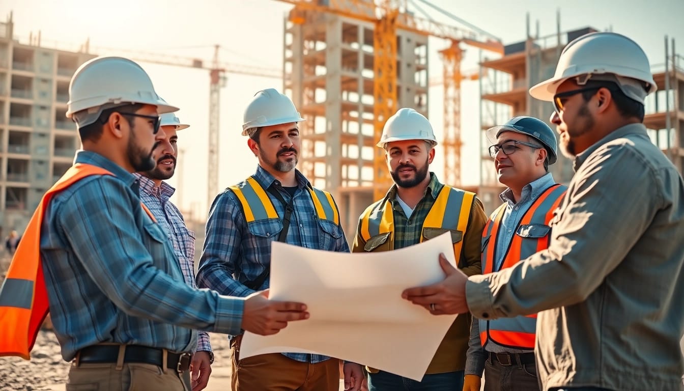 Team of skilled professionals representing the southern california contractors association coordinating at a construction site.