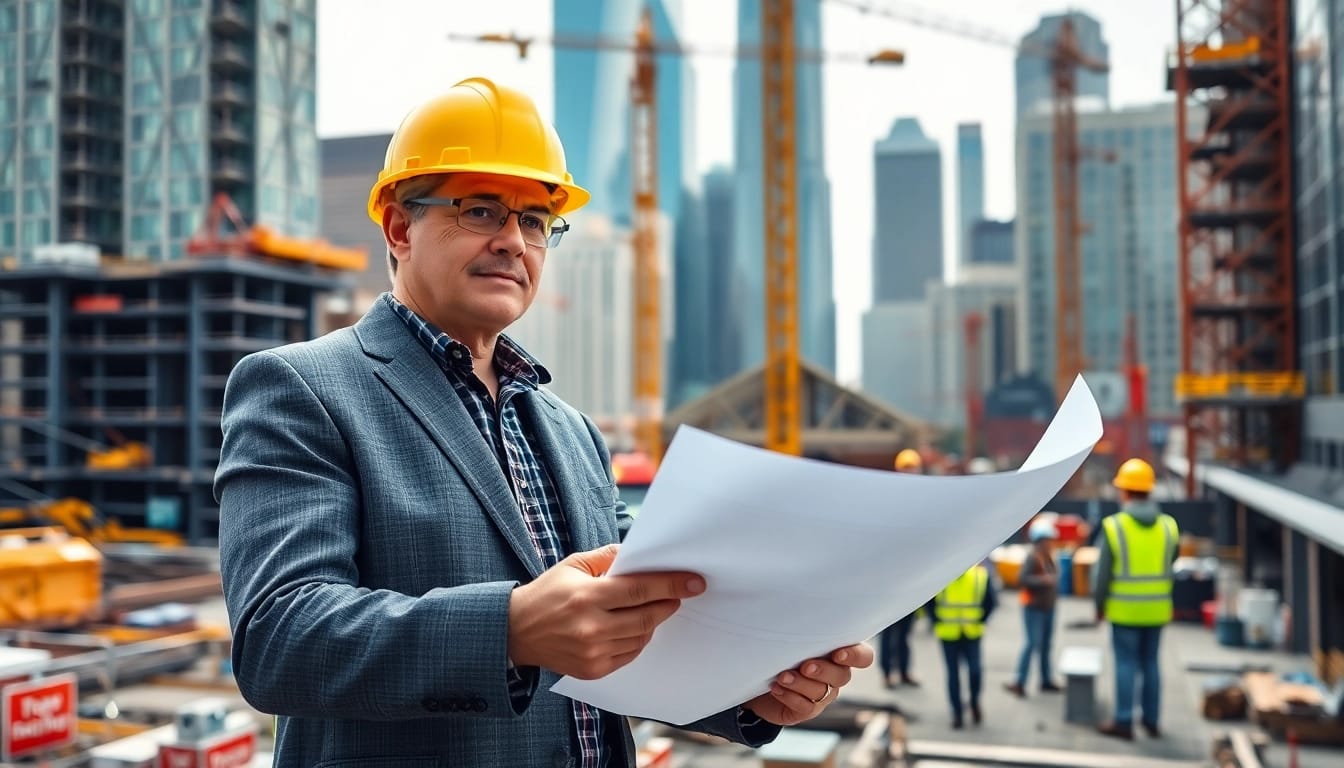 New York Construction Manager evaluating project plans at a dynamic construction site.