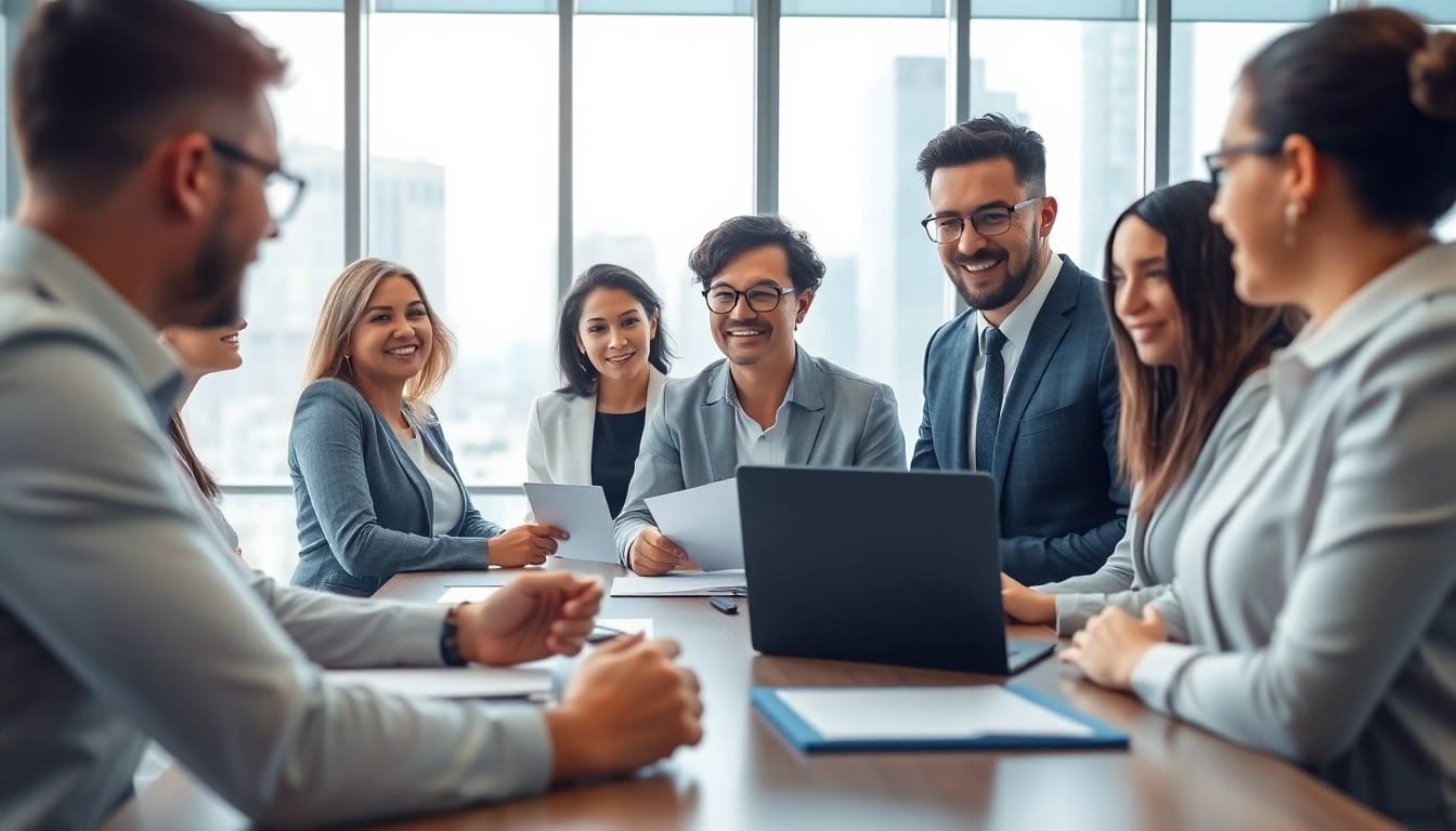 Crisis management consultant collaborating with a team in a bright office setting.