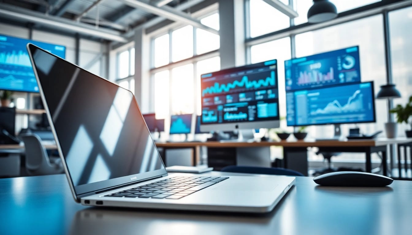 Innovative technology workspace showcasing advanced gadgets and digital analytics.
