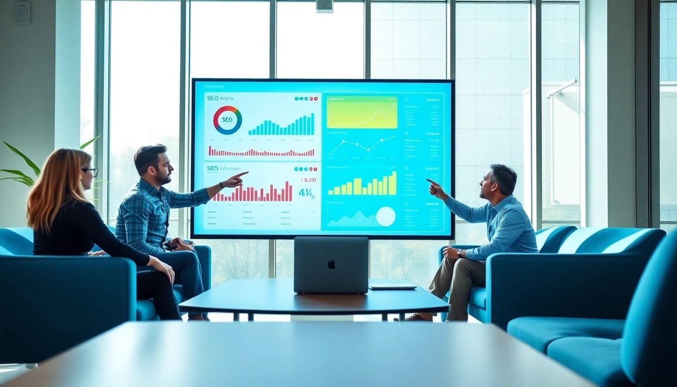 Best SEO company team analyzing data in a bright office environment.